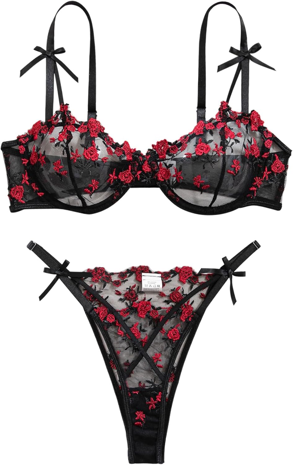 Lilosy Sexy Underwire Cute Push Up Strappy Embroidered Mesh Sheer Lingerie Set See Through Panty Bra