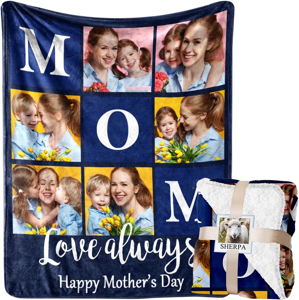 Mothers Day Blanket Gifts for Mom, Custom Sherpa Blanket with Picture Personalized Photo Throw Blanket Customized New Moms Gift from Daughter Son Husband, Birthday Gifts for Wife Grandma