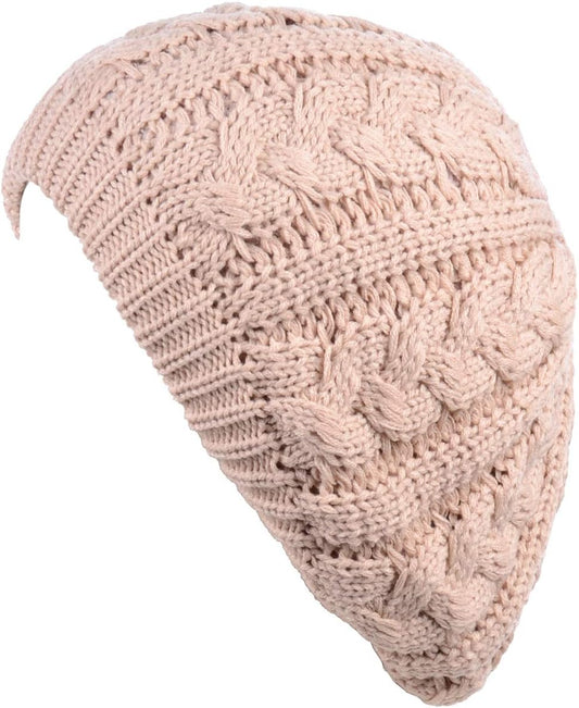 BYOS Womens Winter Cozy Cable Fleece Lined Knit Beret Beanie Hat (Set Available)