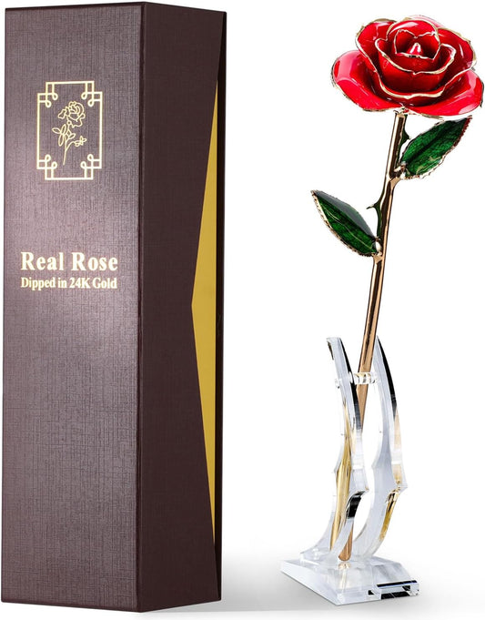 Gold Dipped Rose - Hand-Dipped Real 24K Gold Rose - Genuine One of a Kind - Eternal Romantic Present for Her - Perfect for Valentines, Mother's Day, Anniversary, Birthday (Red)