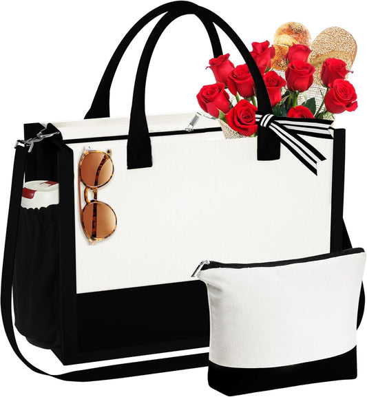 YOOLIFE Gifts for Women - Initial Canvas Tote Bag & Makeup Bag Birthday Gifts for Women Wife Mom Friend Teacher Sister