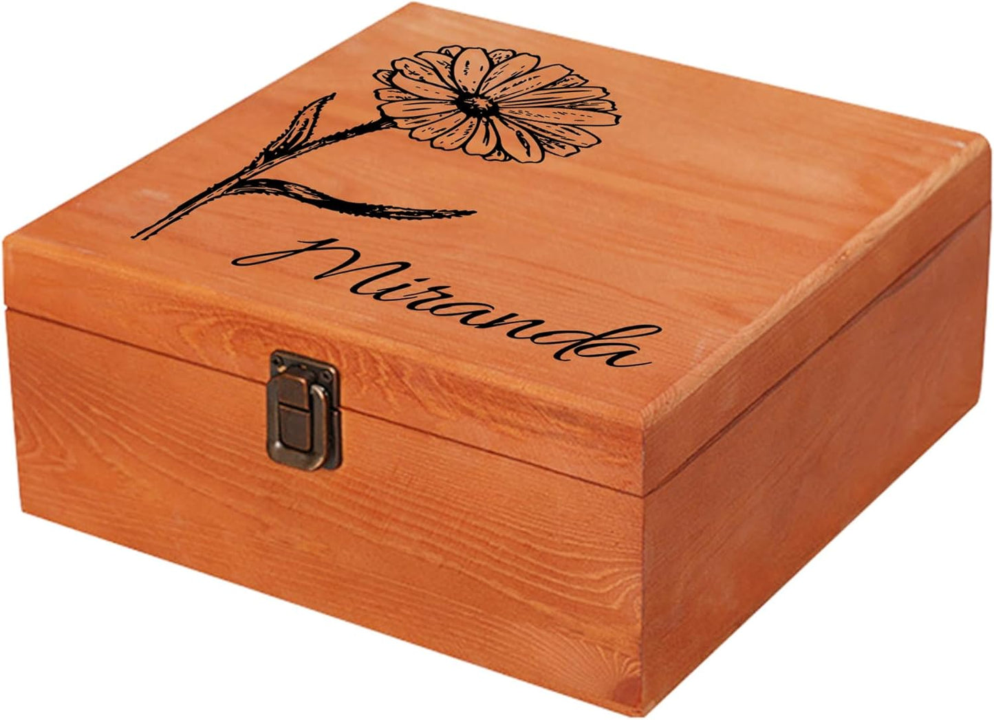 Personalized Wooden Keepsake Memory Box with Birth Flower & Name, Custom Wood Decorative Storage Box with Lids Customized Christmas Gift Box for Women Teen Girls Mom Birthday Gifts
