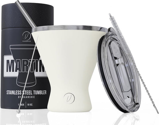 Stainless Steel Martini Glass [Pack of 1] – 10oz, Cream, Powder Coated, No Sweat, Double Wall Margarita Cup with Lid | Ideal for Mother's Day Gift