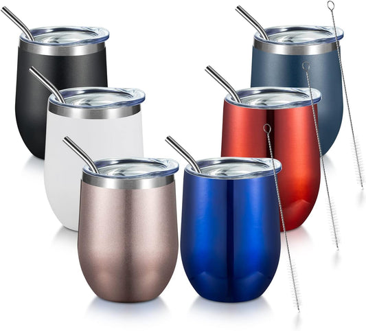 COMOOO Stainless Steel Wine Tumbler with Lid and Straw 12oz Double Wall Vacuum Insulated Travel Tumbler Cup for Coffee, Wine, Cocktails, Champagne (Mix color,6 Pack)