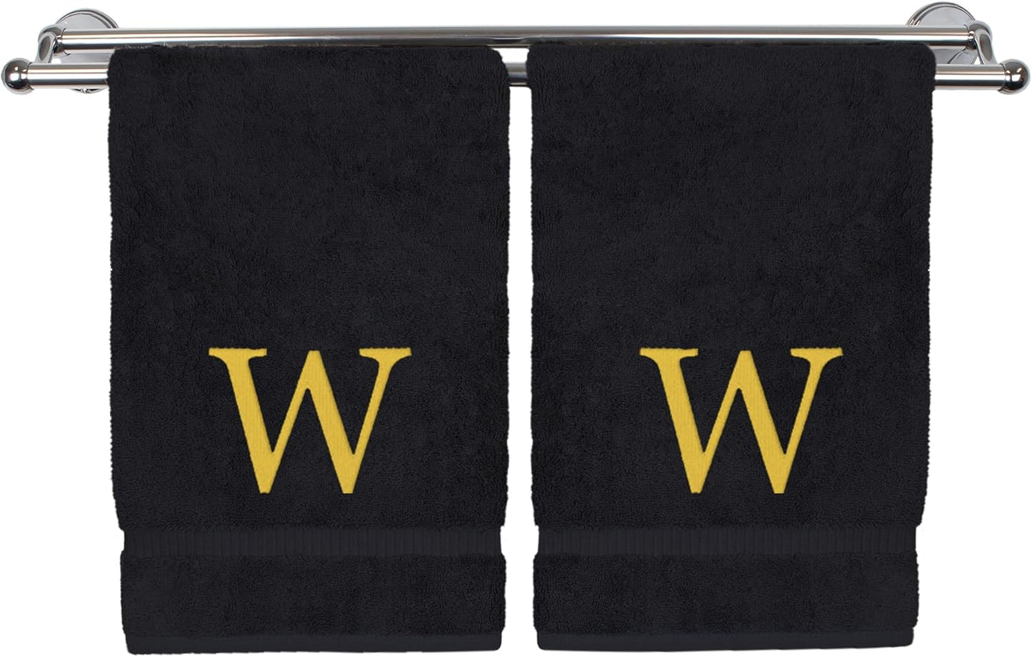 Monogrammed Hand Towel, Personalized Gift, Set of 2- Gold Block Letter Embroidered Towel - Extra Absorbent 100% Turkish Cotton - Soft Terry Finish - Initial W Black