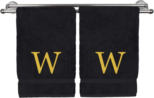 Monogrammed Hand Towel, Personalized Gift, Set of 2- Gold Block Letter Embroidered Towel - Extra Absorbent 100% Turkish Cotton - Soft Terry Finish - Initial W Black
