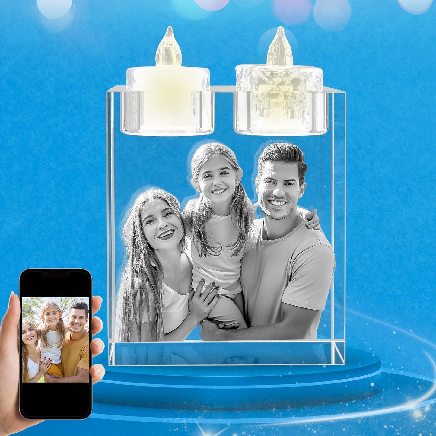 Personalized 3D Crystal Photo, Custom Laser Engraved Candle Holder Frame, Customized Memorial Anniversary Christmas Birthdays Gifts for Dad, Mom, Him, Her, Grandfather (X-Large)