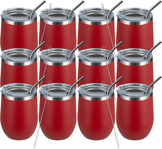 MEWAY 12oz/12 Pack Wine Tumbler Glasses with Lid -Double Wall Vacuum Stainless Steel Travel Tumbler Mug,Stemless Insulated Wine Cup for,Coffee,Cocktails,Gifts (Red,Set of 12)