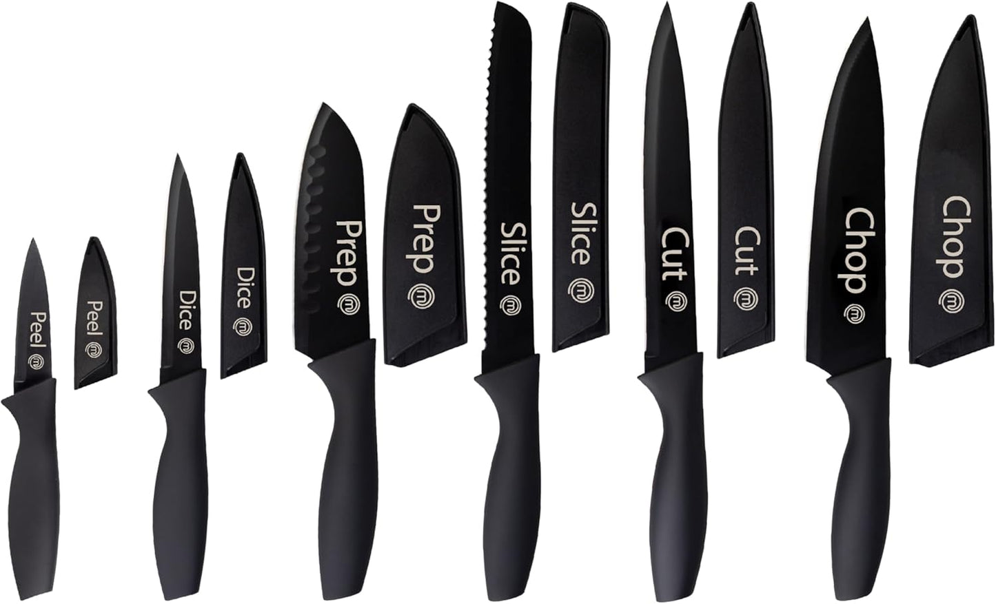 MasterChef Kitchen Knife Set with Covers, 6 Professional Chef Knives for Home Kitchens, Extra Sharp Cutting Stainless Steel Blades & Protective Sheaths, Soft-Touch Easy-Grip Handles, Essential Black