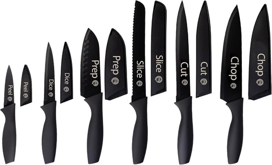 MasterChef Kitchen Knife Set with Covers, 6 Professional Chef Knives for Home Kitchens, Extra Sharp Cutting Stainless Steel Blades & Protective Sheaths, Soft-Touch Easy-Grip Handles, Essential Black