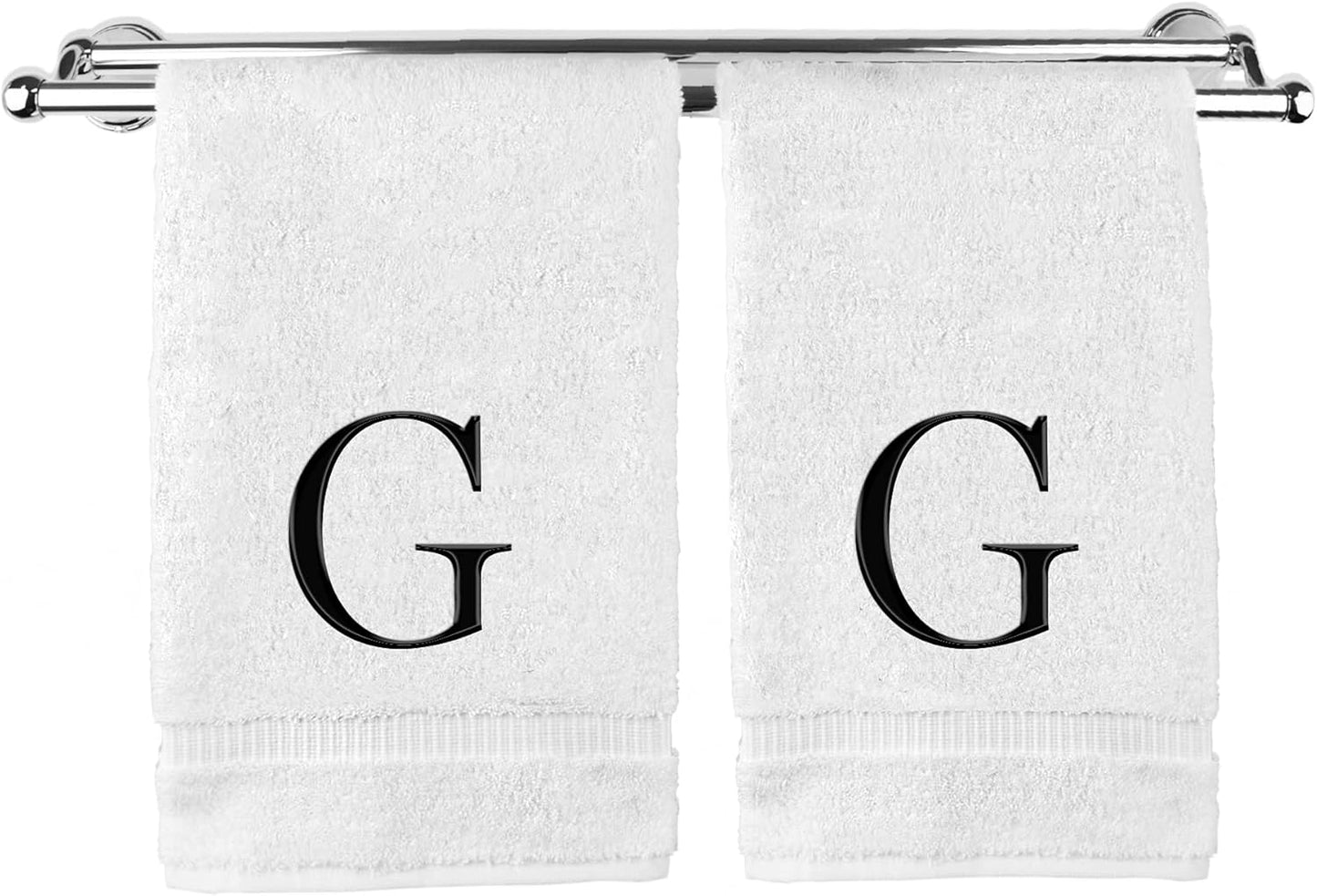 Monogrammed Hand Towel, Personalized Gift, Set of 2- Black Block Letter Embroidered Towel - Extra Absorbent 100% Turkish Cotton - Soft Terry Finish - Initial G White