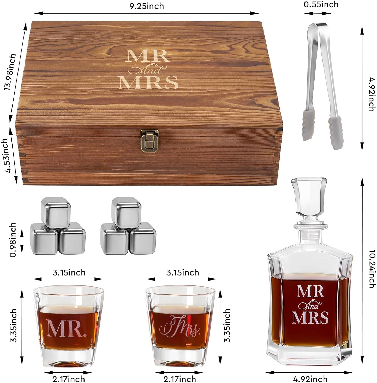 AW BRIDAL Whiskey Decanter Set with Wooden Keepsake Box, Mr & Mrs Glasses, Ice Cubes, Wedding Gifts Bridal Shower Gifts Engagement Gift for Couples Newlyweds