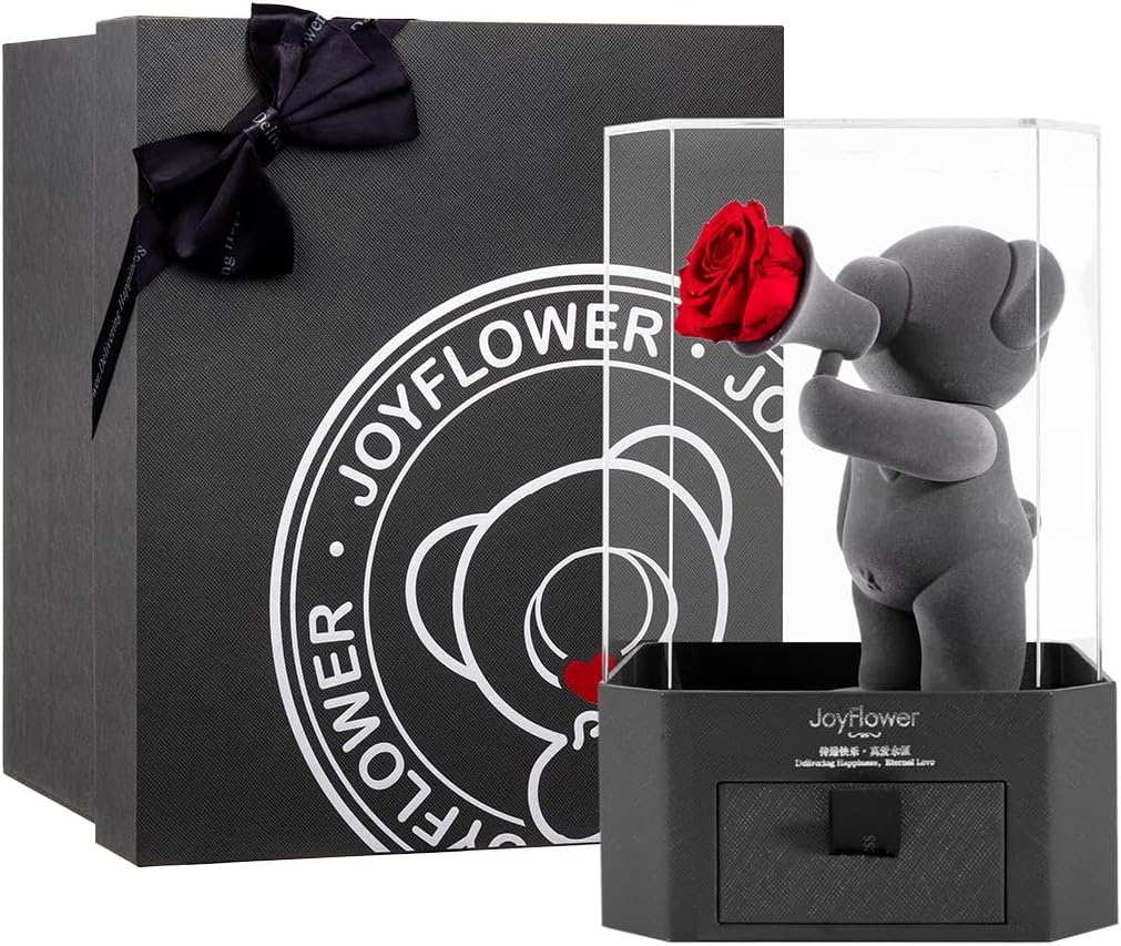 JoyFlower Preserved Flowers with Cute Teddy Bear, Eternal Rose Romantic Gift, Red Rose Bear with Acrylic Cover for Girlfriend Wife Her in Valentine's Day, Birthday, Christmas, Weddings, Anniversary