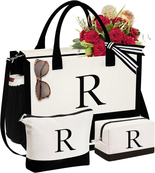 YOOLIFE Initial Canvas Tote Bag & Makeup Bag, Birthday Gifts for Women Mom Sister Friends, Bridesmaid Wedding Gifts