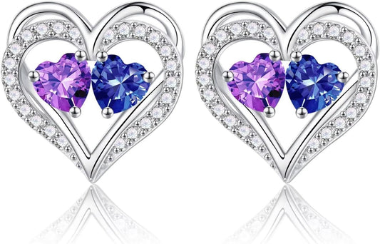 Iefil Birthstone Earrings for Women - 925 Sterling Silver Heart Earrings Anniversary Birthday Gifts for Women Wife Girlfriend Mom