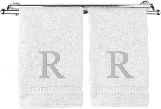 Monogrammed Hand Towel, Personalized Gift, Set of 2- Silver Block Letter Embroidered Towel - Extra Absorbent 100% Turkish Cotton - Soft Terry Finish - Initial R White