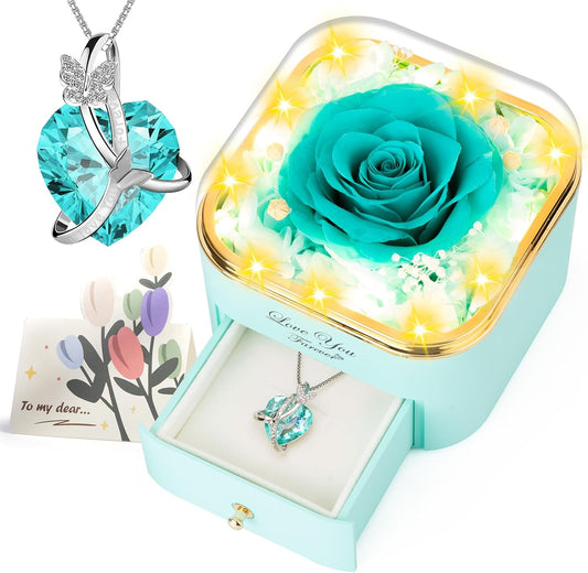 Blue Preserved Real Rose with Necklace Jewelry Box -Eternal Flowers Rose Gifts for Grandma Wife Girlfriend on Valentines Mothers Day Christmas Birthday Anniversary Romantic Gifts for Her