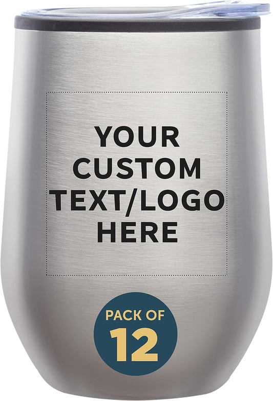 Custom Stemless Wine Tumblers 12 oz. Set of 12, Personalized Bulk Pack - Insulated, Perfect for Wine, Cocktails, Other Hot & Cold Beverages - Silver