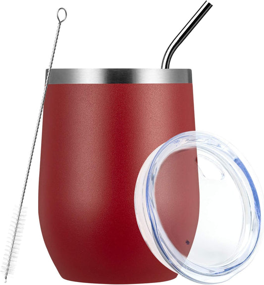 MEWAY Stemless 12oz Wine Tumbler Glasses with Lid -Insulated Double Wall Vacuum Stainless Steel Travel Tumbler with Straw,for Woman Under 10 dollars (Red,1)