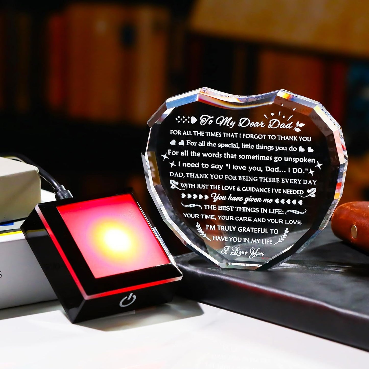 YWHL Gifts for Dad from Daughter Son with Colorful Light Base Birthday Gifts for Dad Crystal Heart Keepsake Thank You Gift Idea To My Father Present on Fathers Day Christmas Thanksgiving