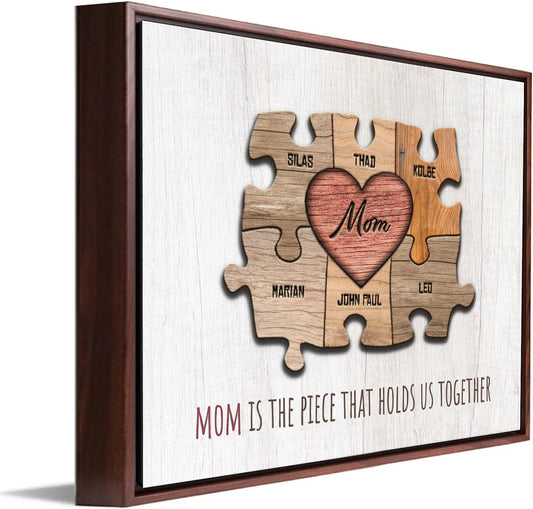 Personal-Prints MOM & Children Personalized HEART Puzzle Wall Art | Unique Customized with up to 8 Names | Mother’s Day, Birthday or Christmas Gift (12"x16" Float Framed Canvas, 6 Children)