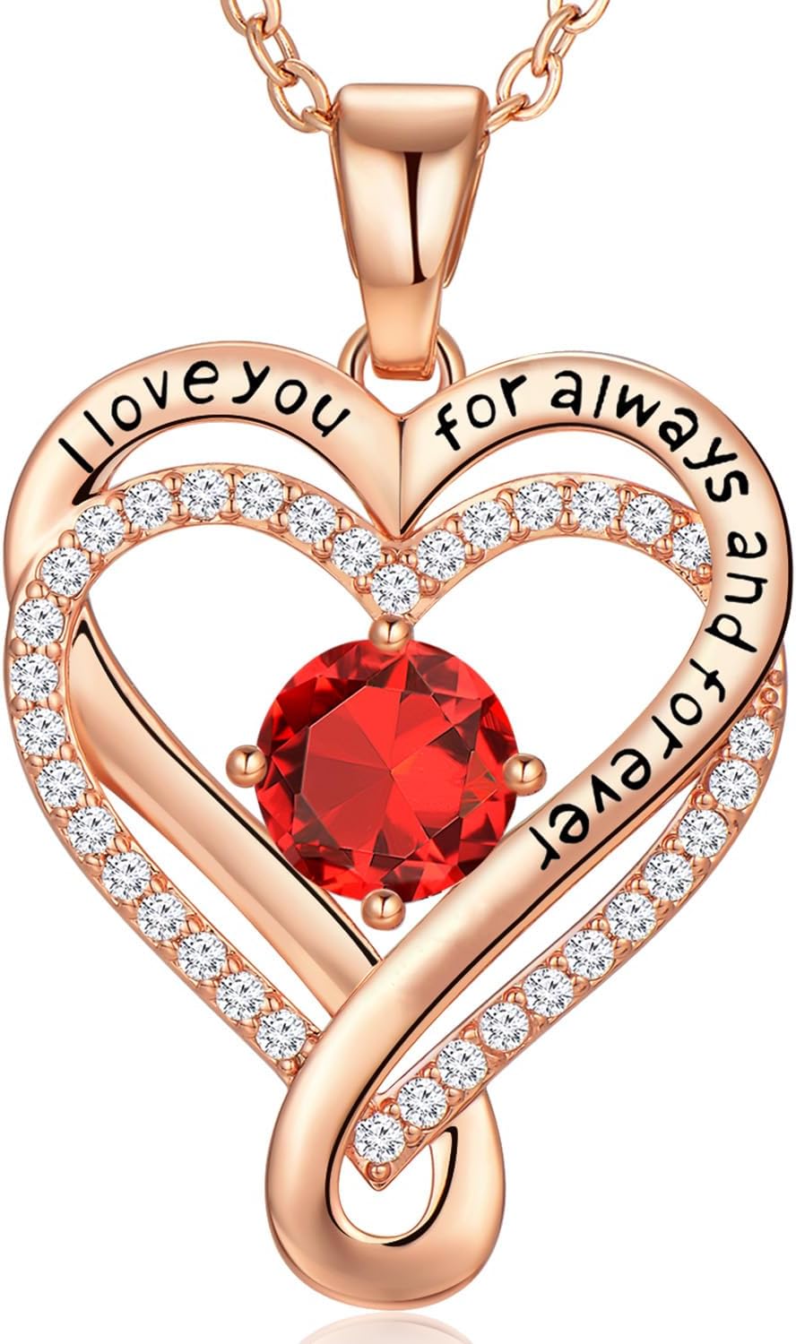 Infinity Heart Birthstone Necklace for Women Wife 18K Rose Gold Plated,Anniversary for Women Wife Her Birthday Gift for Girlfriend Mom Daughters, I Love You Women's Jewelry