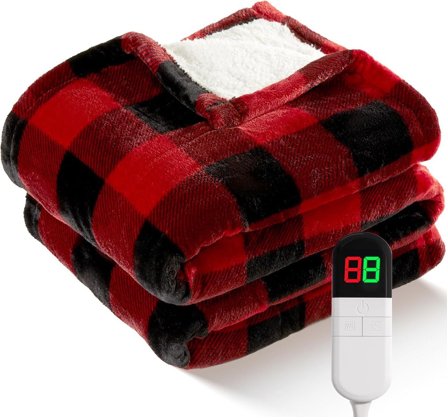 Electric Heated 62"x 84" Sherpa Buffalo Plaid Christmas Twin Blanket with 8 Heating Levels & 8 Hours Auto Off, Fast Heating Warm Washable Blanket with Over-Heat Protection, ETL Certification, Red