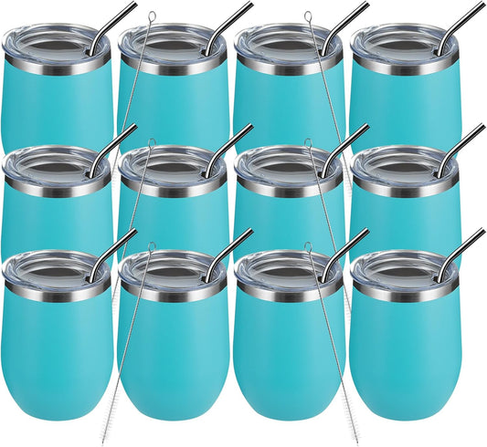 MEWAY 12oz/12 Pack Wine Tumbler Glasses with Lid -Double Wall Vacuum Stainless Steel Travel Tumbler Mug,Stemless Insulated Wine Cup for,Coffee,Cocktails (Turquoise,Set of 12)