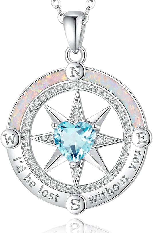 FANCIME Compass Necklace for Women Sterling Silver Compass Jewelry Opal Pendant Fine Jewelry Gemstone Birthday Mother's Day Gifts for Wife