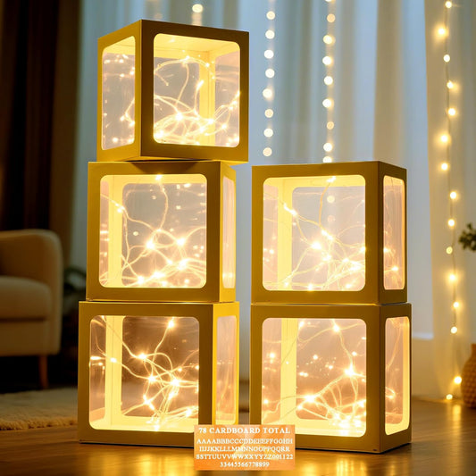 Ledido Transparent Balloon Boxes, Clear Balloon Boxes with 5 Pcs String Lights and 78 Letters for Baby Shower Gender Reveal Birthday Party Anniversary Bridal Wedding Grad Decor - 5 Gold Boxes