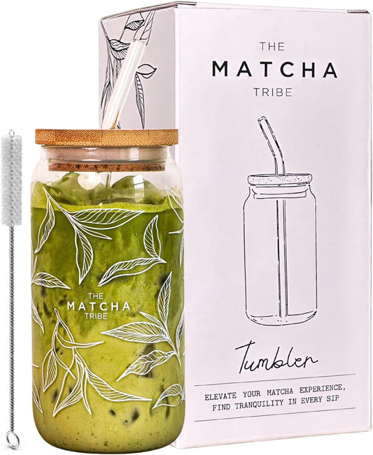 Tumbler With Straw and Lid. Borosilicate Glass - BPA Free Reusable Heat Resistant 16oz Can Shaped Drinking Glass. Great Matcha Cup Gift for Matcha Lovers.