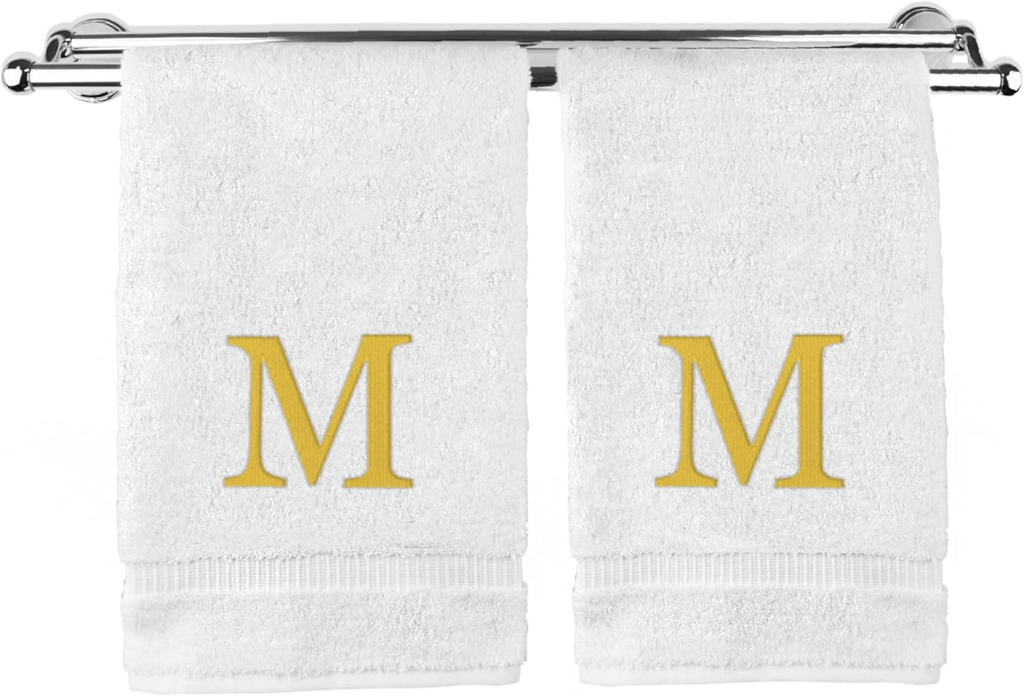 Monogrammed Hand Towel, Personalized Gift, Set of 2- Gold Block Letter Embroidered Towel - Extra Absorbent 100% Turkish Cotton - Soft Terry Finish - Initial M White