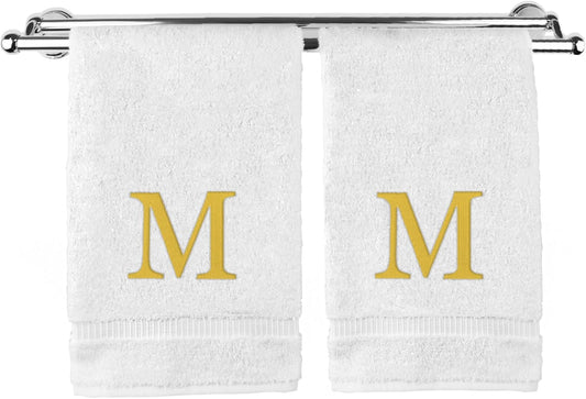 Monogrammed Hand Towel, Personalized Gift, Set of 2- Gold Block Letter Embroidered Towel - Extra Absorbent 100% Turkish Cotton - Soft Terry Finish - Initial M White