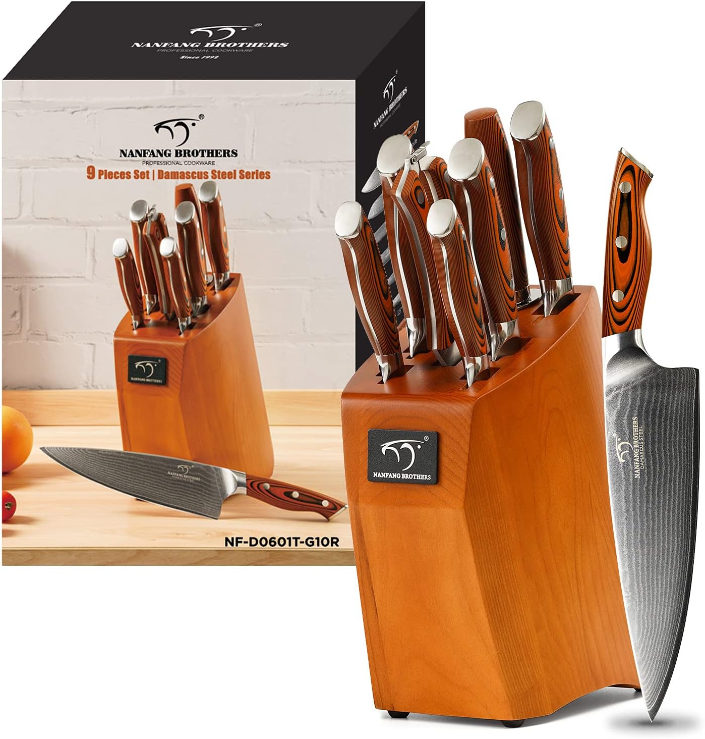 Damascus Kitchen Knife Set, 9-Piece Knives Set for Kitchen with Block, Non-slip G10 Ergonomic Triple Rivet Handle for Chef Knives, Knife Sharpener and Kitchen Shears, Natural Wood Block (Red)