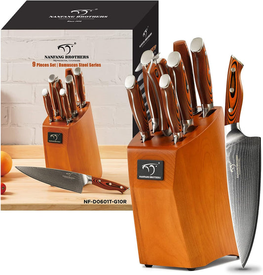 Damascus Kitchen Knife Set, 9-Piece Knives Set for Kitchen with Block, Non-slip G10 Ergonomic Triple Rivet Handle for Chef Knives, Knife Sharpener and Kitchen Shears, Natural Wood Block (Red)