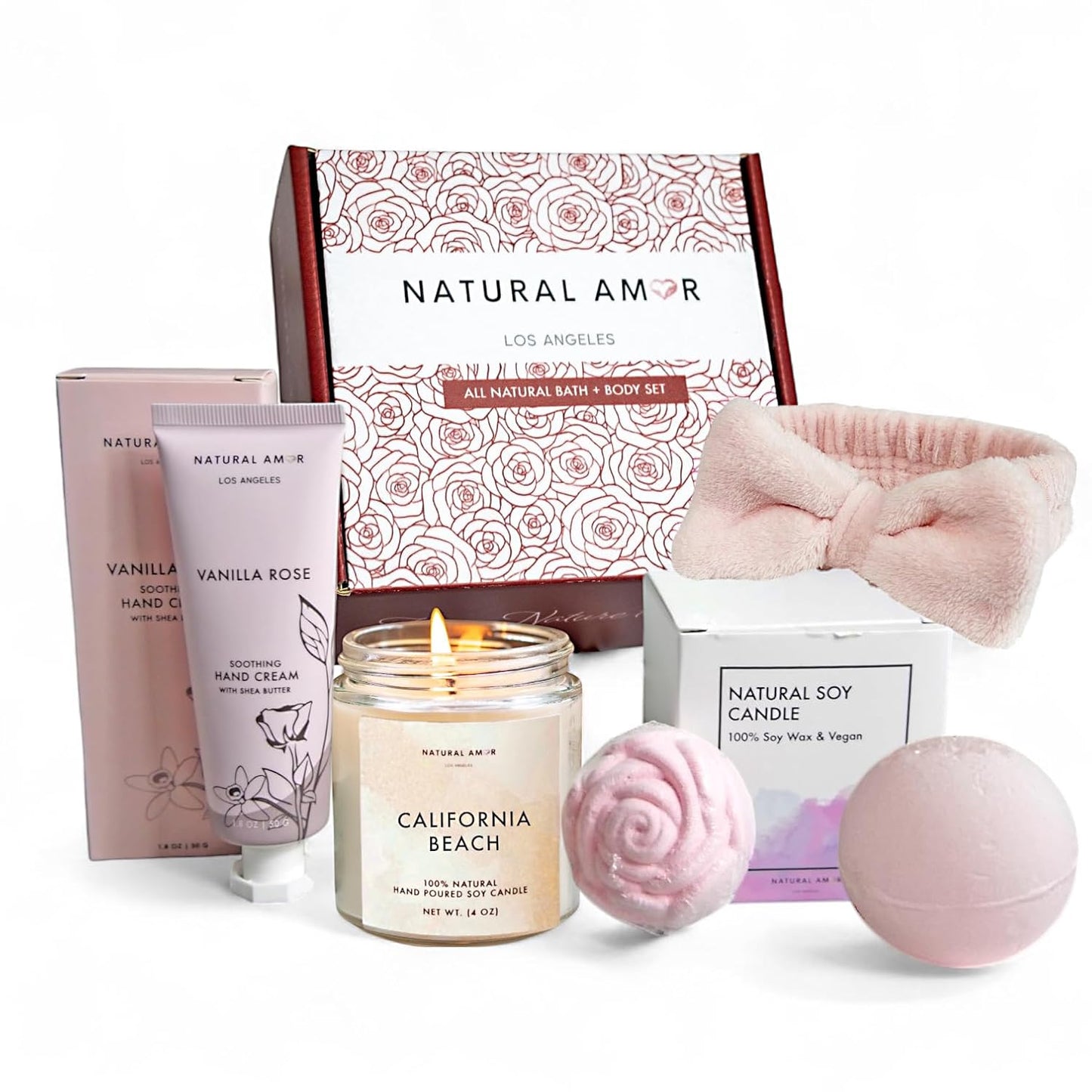 Natural Amor Relaxation Spa Gifts for Women,4pcs Gift Box Including Candle, Hand cream, Bath Bomb