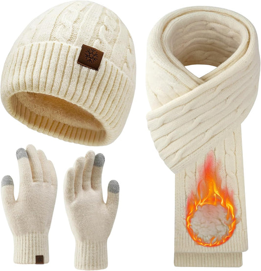 Womens Winter Beanie Hat Scarf Gloves Set, Knit Touch Screen Gloves Long Scarf Skull Caps Fleece Lined Winter Gift