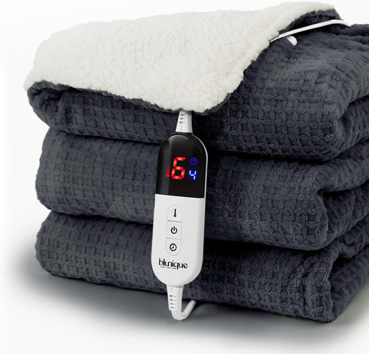 Heated Blanket Electric Throw Waffle, 50x60 Inches Sherpa Fleece Fast Heating Blanket 6 Heating Levels & 4 Hours Auto Off ETL Certification,Charcoal Grey Throw