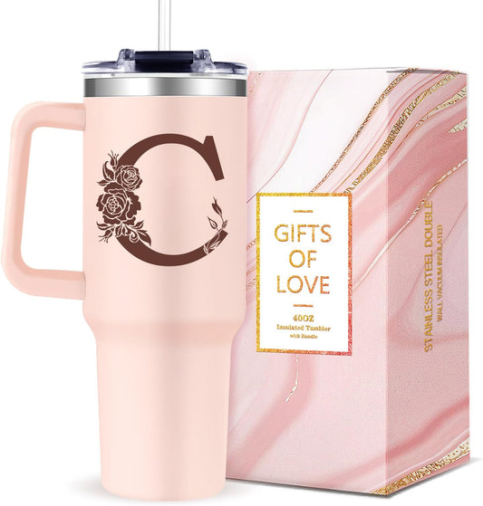 Monogrammed 40oz Tumbler with Handle for Women, Personalized Birthday Gifts for Women,Initial Cups for Woman Pink Letter C,Customized Gifts for Female Lady Gift for Mothers Day Christmas