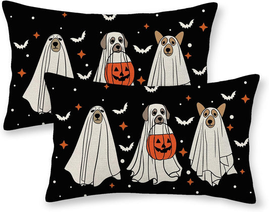 Halloween Pillow Covers 12x20 Pack of 2 Black Beige Dogs Bat Throw Pillow Covers Outdoor Decor,Autumn Holiday Decoration Black Pillowcase Farmhouse Linen Decorative Cushion Case for Couch Sofa