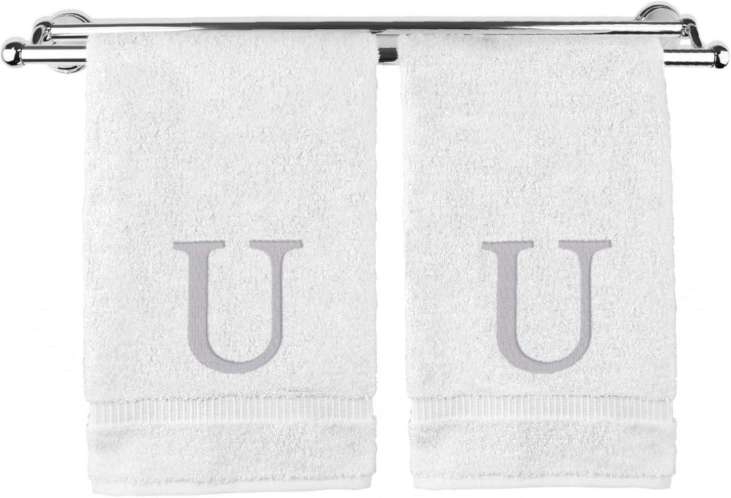 Monogrammed Hand Towel, Personalized Gift, Set of 2- Silver Block Letter Embroidered Towel - Extra Absorbent 100% Turkish Cotton - Soft Terry Finish - Initial U White