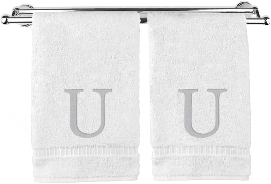 Monogrammed Hand Towel, Personalized Gift, Set of 2- Silver Block Letter Embroidered Towel - Extra Absorbent 100% Turkish Cotton - Soft Terry Finish - Initial U White