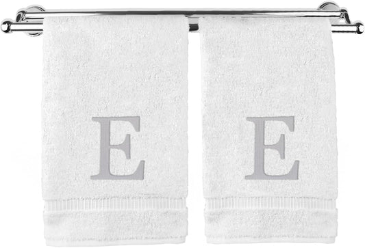 Monogrammed Hand Towel, Personalized Gift, Set of 2- Silver Block Letter Embroidered Towel - Extra Absorbent 100% Turkish Cotton - Soft Terry Finish - Initial E White