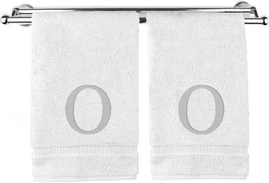 Monogrammed Hand Towel, Personalized Gift, Set of 2- Silver Block Letter Embroidered Towel - Extra Absorbent 100% Turkish Cotton - Soft Terry Finish - Initial O White