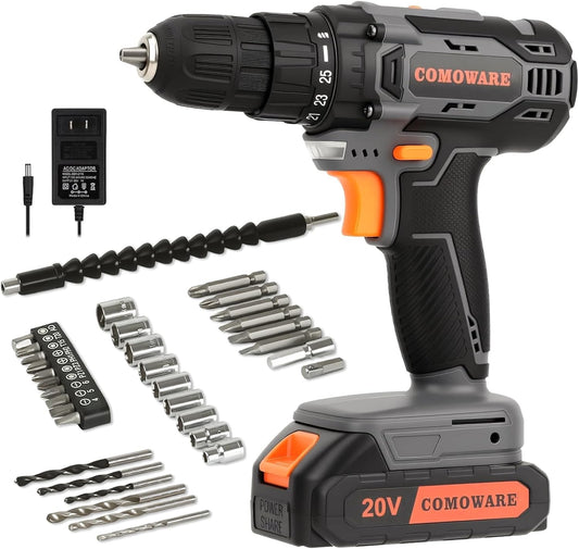 COMOWARE Cordless Drill Set, 20V Electric Power Drill Set,1 Battery & Charger, 3/8" Keyless Chuck, 2 Variable Speed, 266 In-lb Torque, 25+1 Position, Orange