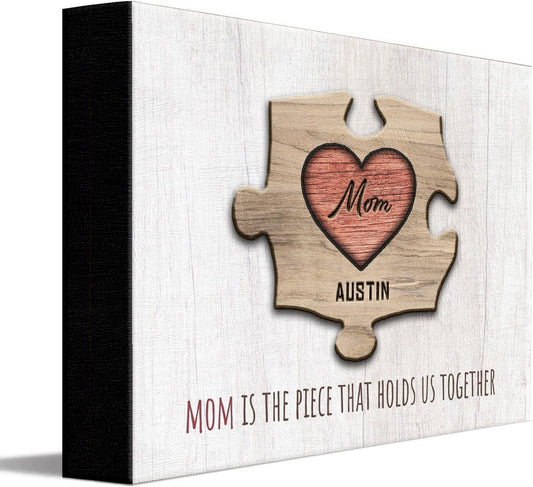 Personal-Prints MOM & Children Personalized HEART Puzzle Wall Art | Unique Customized with up to 8 Names | Mother’s Day, Birthday or Christmas Gift (8"x10" Easel Backed Canvas, 1 Child)