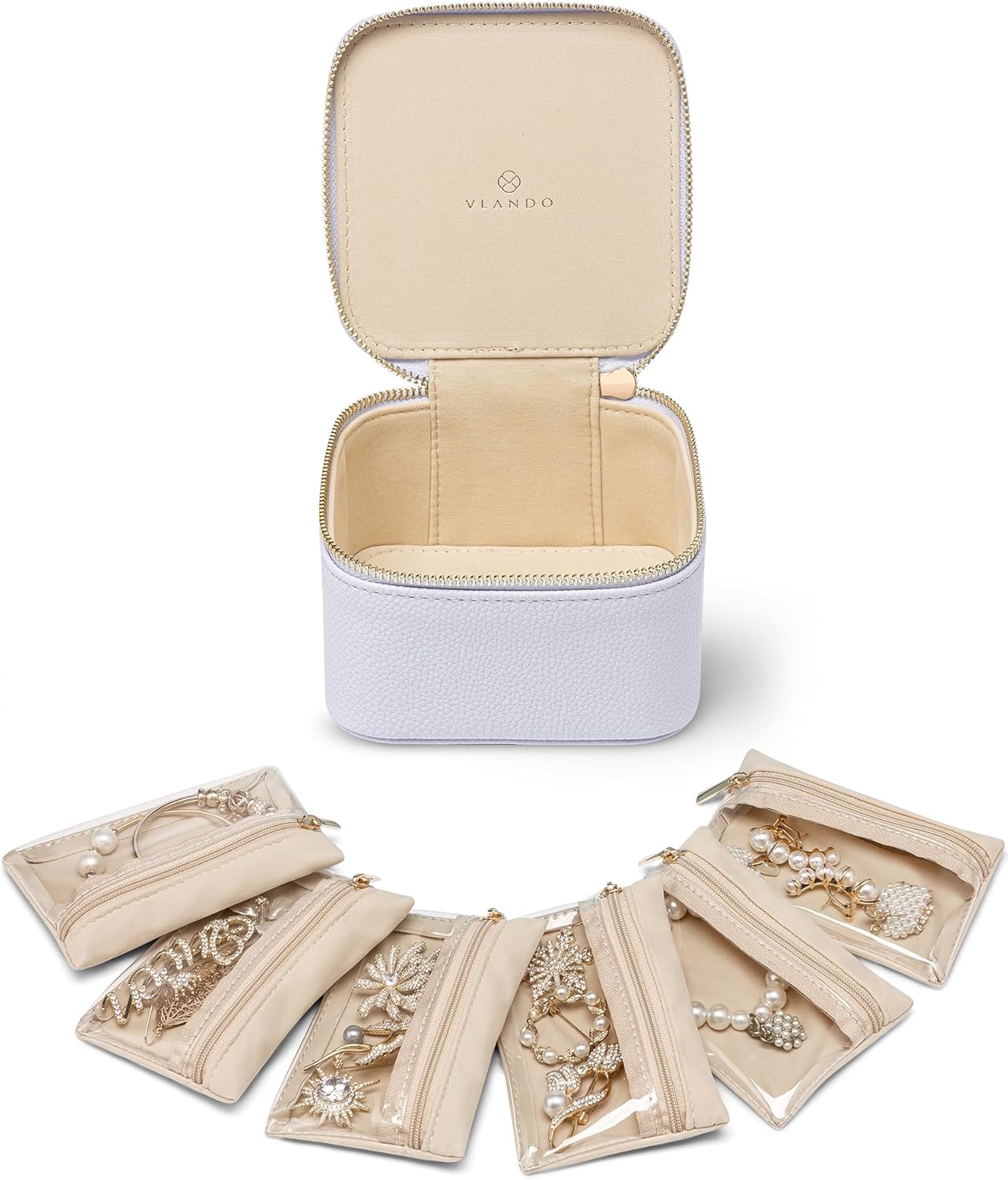 Vlando Travel Jewelry Case Organizer, Small Jewelry Box with 6 Velvet Jewelry Zipper Bags,Christmas Gifts for Women Girls Friends-Purple