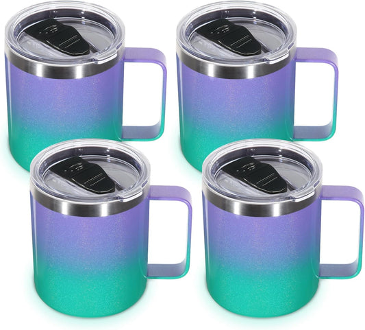Volhoply 14oz Insulated Stainless Steel Coffee Mug with Lid Bulk 4 Pack,Double Wall Vacuum Travel Coffee Cup with Handle,Reusable Cups Tumbler,Camping Mugs Keep Hot,Ideal Gifts(Purple Green,4)
