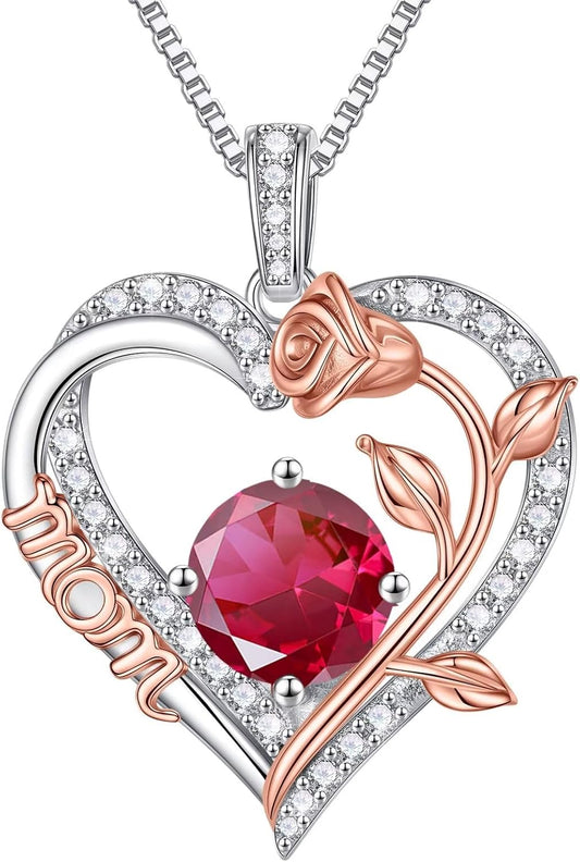 Iefil Gifts for Mom - 925 Sterling Silver Rose Round Birthstone Necklace Christmas Birthday Gifts Jewelry for Her Heart Pendant Necklace for Women Bonus Mom Mother in Law
