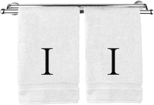 Monogrammed Hand Towel, Personalized Gift, Set of 2- Black Block Letter Embroidered Towel - Extra Absorbent 100% Turkish Cotton - Soft Terry Finish - Initial I White